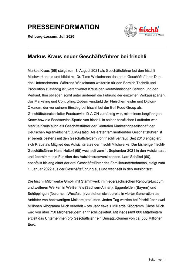 Markus Kraus neuer Geschäftsführer bei frischli