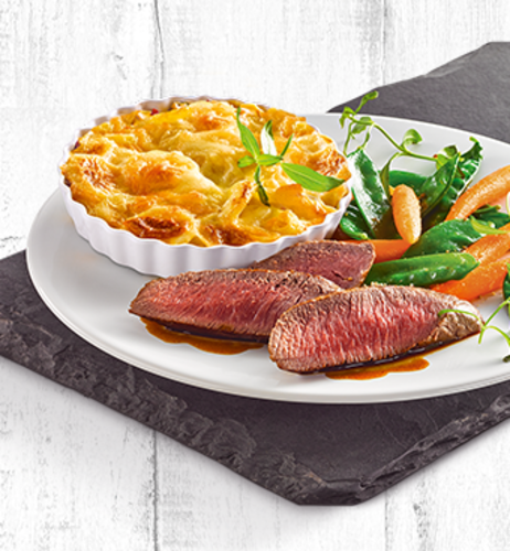 Lammrücken mit Kartoffelgratin und Fingermöhren-Zuckerschoten-Gemüse