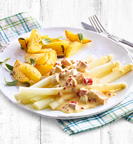 Spargel Culinare: Spargel mit Rhabarber-Rosa-Pfeffer-Hollandaise & Salbei-Sesam-Kartoffeln