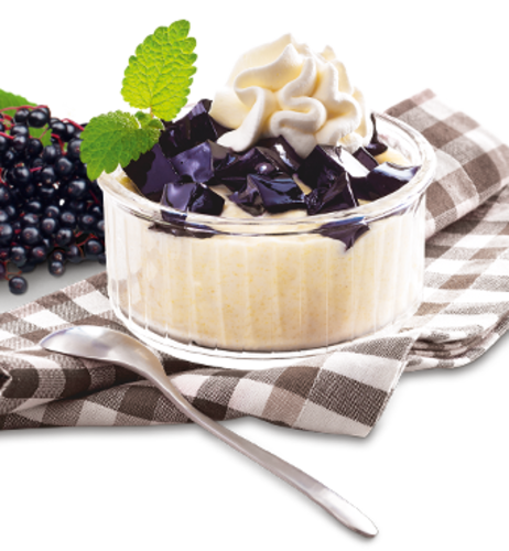 Grießpudding "Alpenliebe" mit Holunderbeer-Gelee & Holunderblütensahne