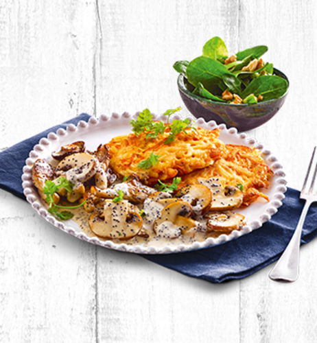 Pilz-Mohn-Pfanne mit Kartoffel-Möhren-Rösti & Feldsalat