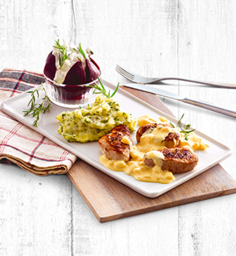 Schweinemedaillons mit Birnen-Hollandaise & Kräuterkartoffelstampf