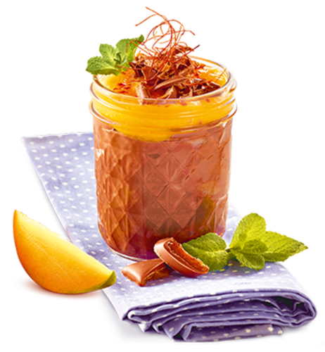 Schokopudding Mango-Chili mit Krokantschokolade