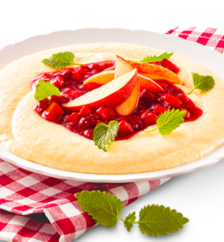 Grießbrei mit Himbeersauce & Pfirsichspalten