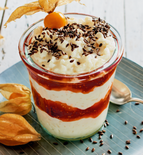 Milchreis mit Feigensauce und geröstetem Leinsamen