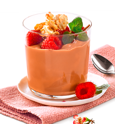 Nuss-Nougat-Puddingtraum mit Himbeeren & weißen Schoko-Cornflakes