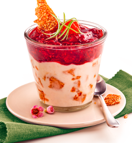 Sesam-Panna-Cotta-Pudding mit Himbeer-Limetten-Sauce