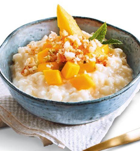 Mango Milchreis mit Kokosmakronen-Crunch
