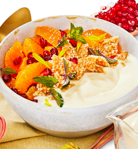 Orangen-Granatapfel-Salat "Crunchy Fruit" mit Vanilla-Sauce & Sesamkrokant