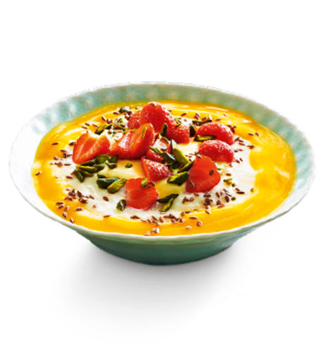 Summer Bowl mit Grießbrei, Mangopüree & Vanillasauce