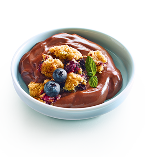 Dark Dream Schokopudding mit Blaubeer-Mandel-Crumble
