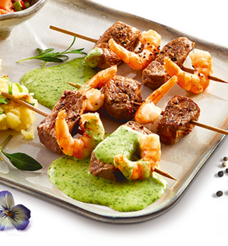 Surf & Turf Skewers with Wild Garlic-Hollandaise, Asparagus-Strawberry-Tartar & Scallion-Potato Mash