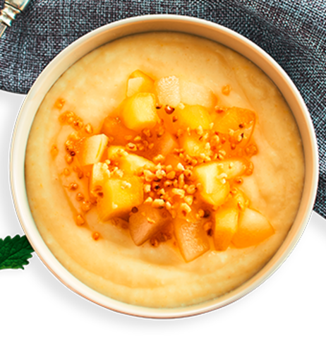 Grießbrei „Heiße Liebe“ – Haselnuss-Grießbrei mit Apfel-Birnen-Kompott & Haselnusskrokant