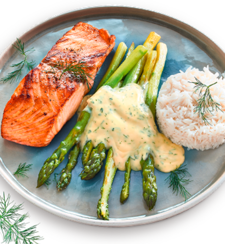 Salmon Fillet Love – Lachsfilet mit gebratenem, grünem Spargel, Dill-Hollandaise & Basmatireis