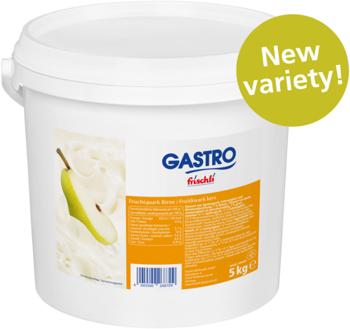 frischli Produktabbildung Fruit Quark Pear 20 % 5 kg mit Störer