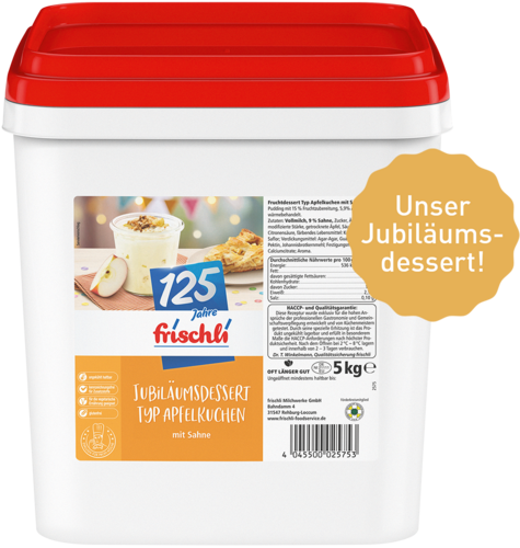 frischli Produktabbildung Jubiläumsdessert Typ Apfelkuchen 5 kg mit Störer