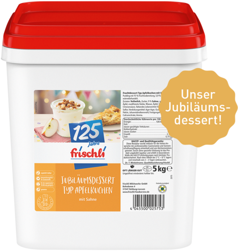 frischli Produktabbildung Jubiläumsdessert Typ Apfelkuchen 5 kg mit Störer