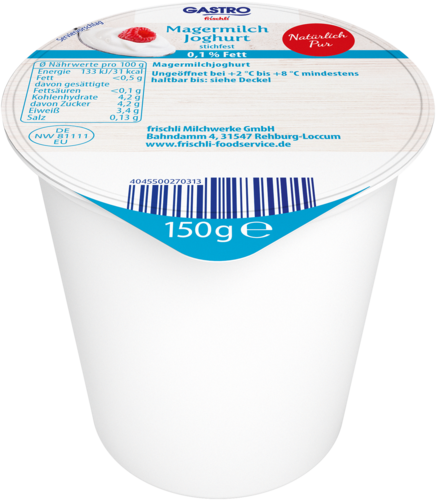 frischli Produktabbildung GASTRO frischli Magermilch Joghurt stichfest 0,1 % Fett 150 g